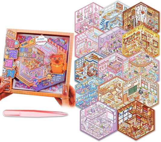 3D Christmas Sticker Scene Book for Kids - 14 Reusable Waterproof Sticker Sets in Gift Box - Fun DIY Activity for Stress Relief and Creative Play